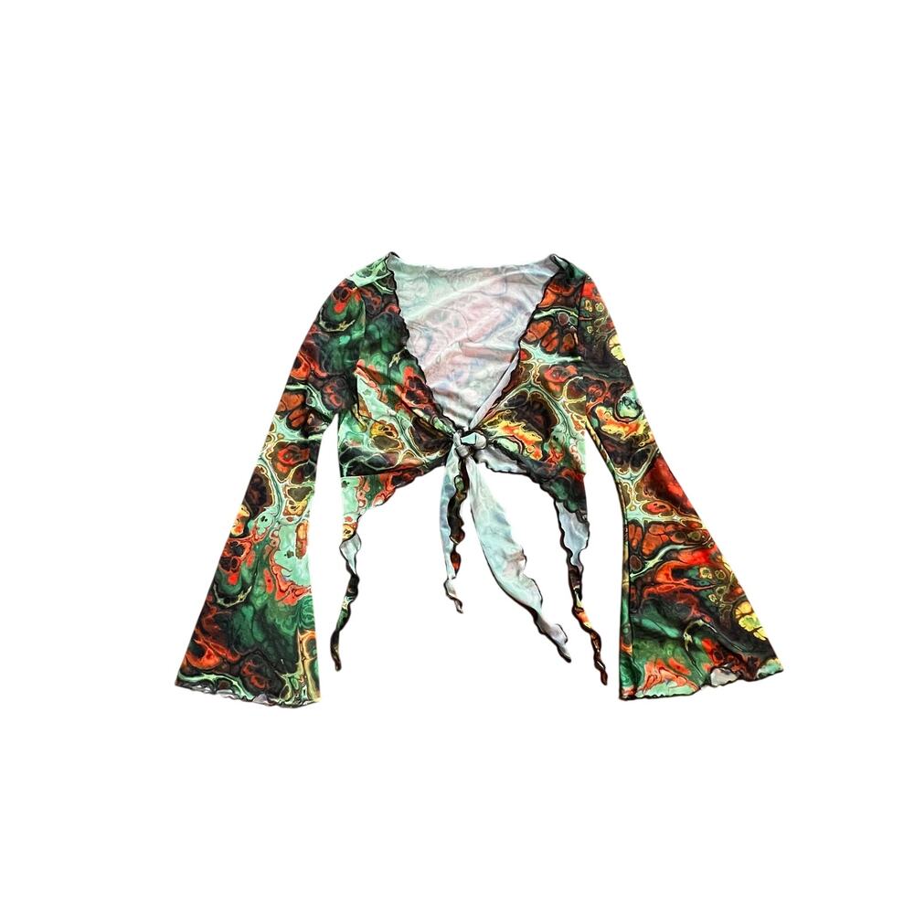 Fairycore Psychedelic Marble Mesh Tie Front Bell Sleeve Top | S